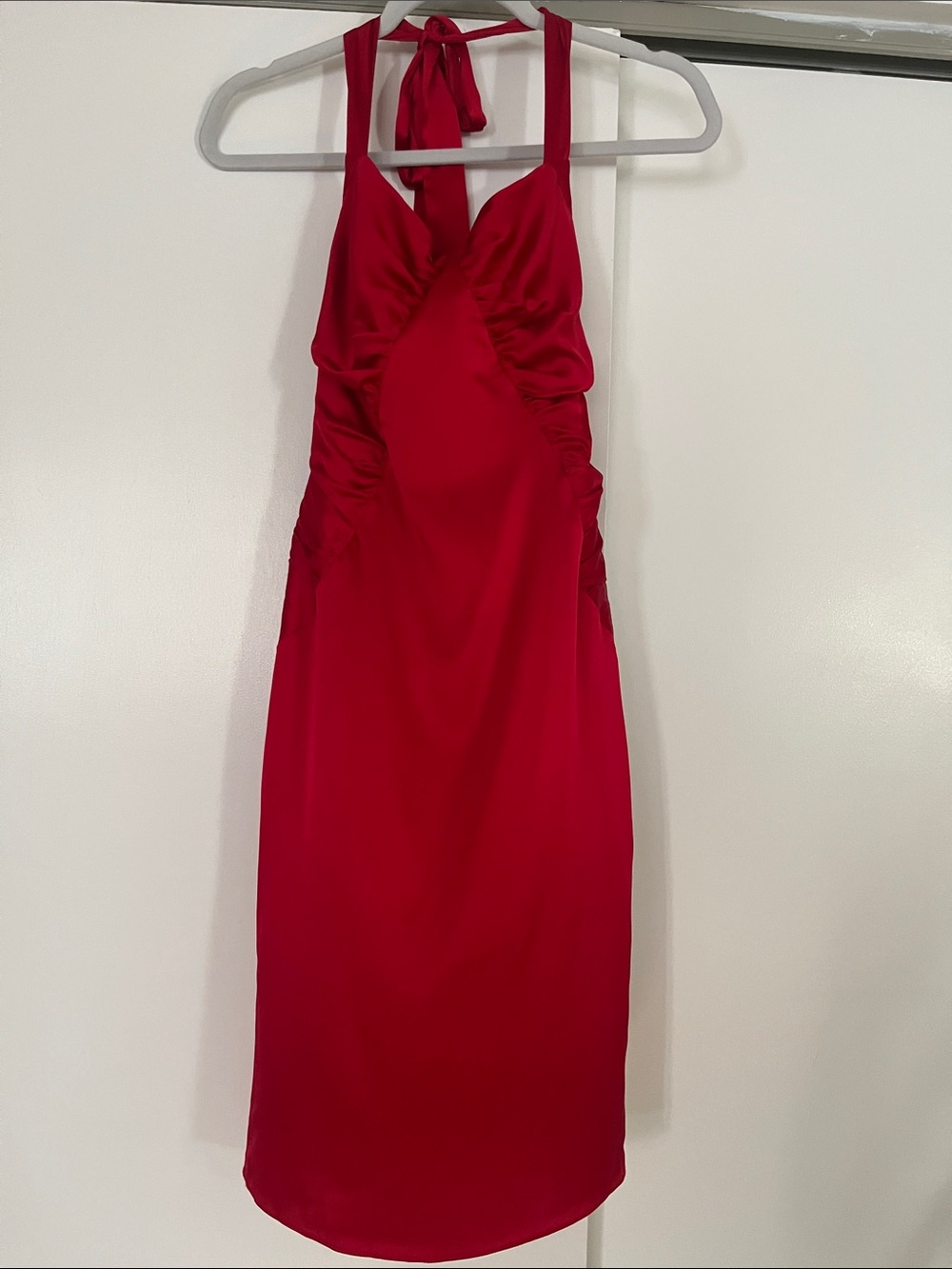 Elegant Red Satin Halter Midi Dress